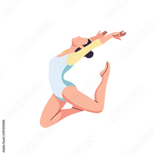 Young gymnast performing a dynamic leap in a white and yellow leotard, isolated on white