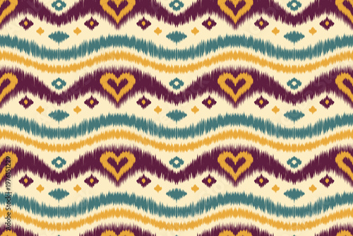 Seamless ikat heart tribal pattern with wavy stripes in mustard plum and teal, ethnic boho textile background for wallpaper fabric and decor.