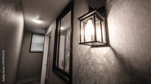 hallway interior concept showcasing a slim black wall sconce mounted against a textured gray wall. The lamp emits diffused warm light that softly washes the wall above and below, creating a 