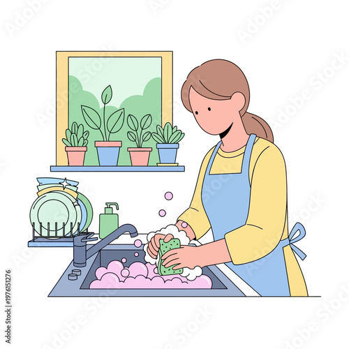 Woman washing dishes in kitchen sink with soapy water and houseplants by window