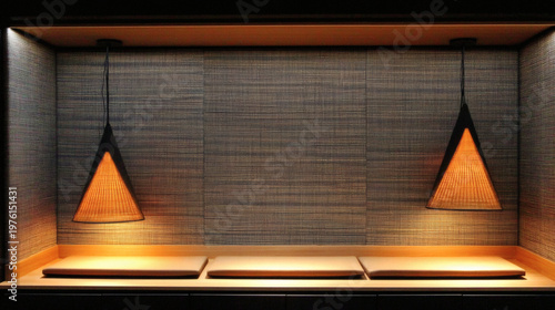 living room backdrop featuring a geometric black wall sconce casting warm ambient light across a textured gray feature wall. The upward and downward beams create layered illumination that enhances 