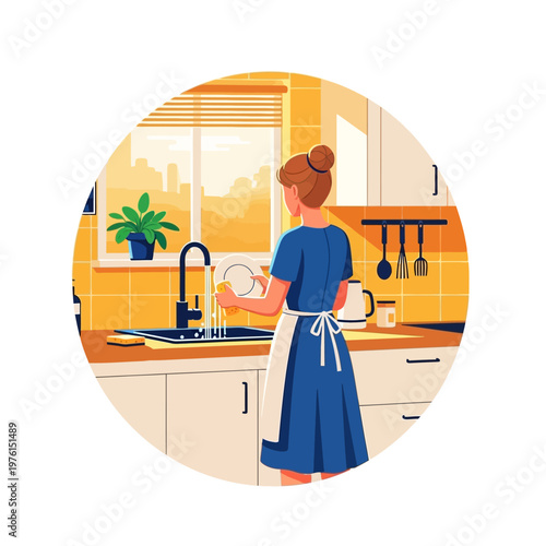 Woman washing dishes in modern kitchen with sunny window view