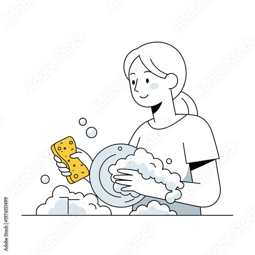 Woman washing dishes with sponge and soap bubbles, illustration of daily chores