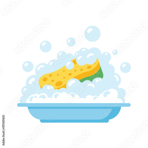 Yellow Sponge with Green Scrub and Bubbles in Blue Basin - Cleaning Concept