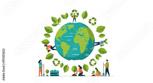 People protecting earth with recycling symbols and green leaves promoting eco friendly lifestyle and sustainability