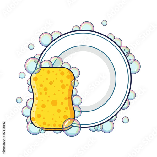 Yellow sponge cleaning white plate surrounded by soap bubbles, dishwashing concept