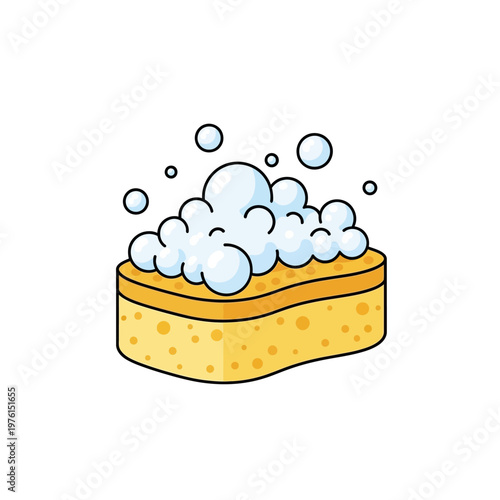 Yellow sponge with soap bubbles and foam, cleaning tool, hygiene, isolated on white