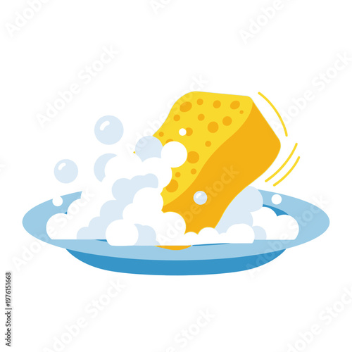 Yellow sponge with soap bubbles in a blue wash basin, cleaning concept