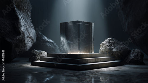 Glass cube on stone podium in dark cave with dramatic light; cinematic luxury style, abstract premium concept, ideal for branding, product ads, tech visuals and high-end presentations