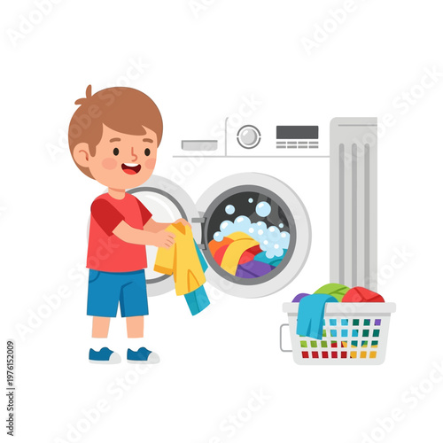 Boy doing laundry, loading clothes into washing machine with basket of laundry