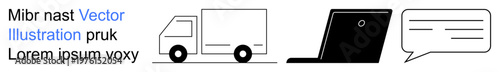 Delivery solutions, technology usage, online platforms, business interactions, communication services, and messaging. Truck, laptop and speech bubble symbols. Delivery solutions and technology usage