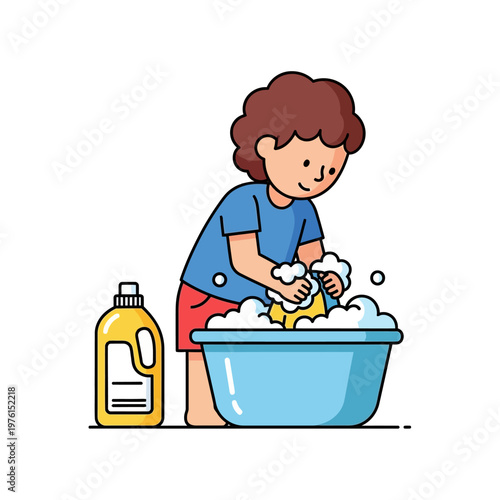 Child washing clothes in a basin with soap bubbles and detergent bottle