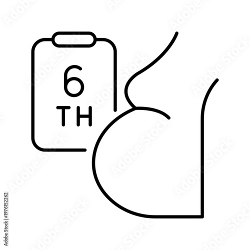 6th month pregnancy icon. Healthcare and prenatal care line symbol. Black and white.