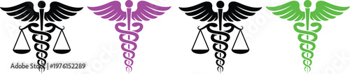 Four variations of the rod of asclepius and the scale symbols in different colors
