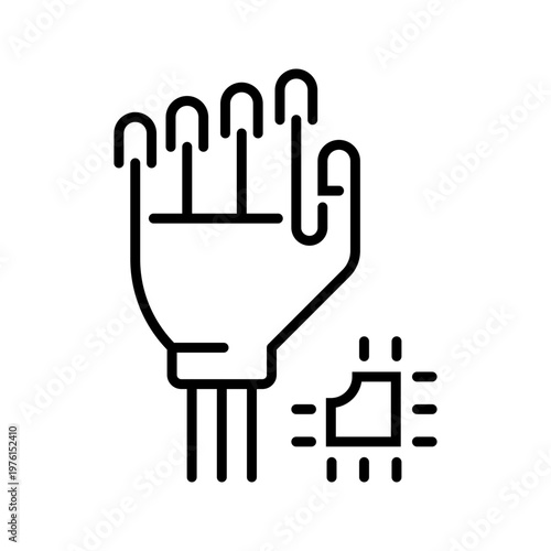 Bionic hand icon. Healthcare and prosthetics line symbol. Black and white.