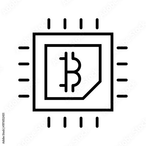 Bitcoin chip icon. Business and cryptocurrency line symbol. Black and white.