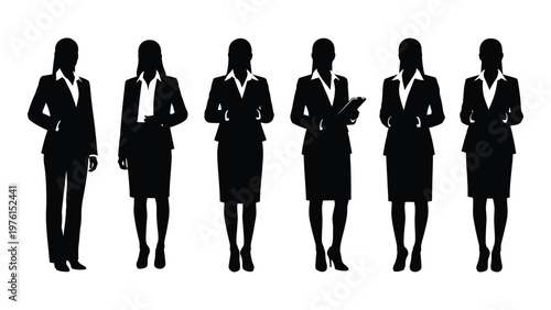 Silhouette of six businesswomen standing in a row facing forward