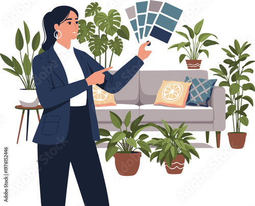 Interior Designer with Color Swatch: Professional Woman Planning Home Decor in Modern Living Room Vector Illustration