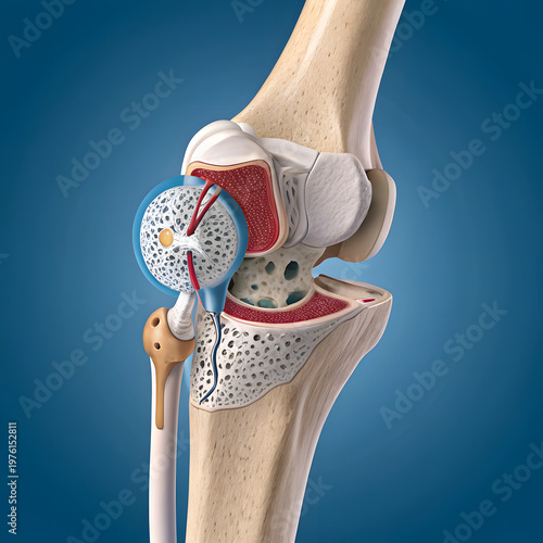 Bone knee joint cartilage surrounded by arrows Minerals Calcium Magnesium and Vitamin K2 D3. Healthy human skeleton anatomy isolated on blue background. Realistic 3D vector.