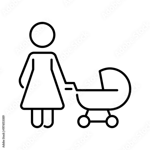 Mother stroller icon. People and parenting line symbol. Black and white.