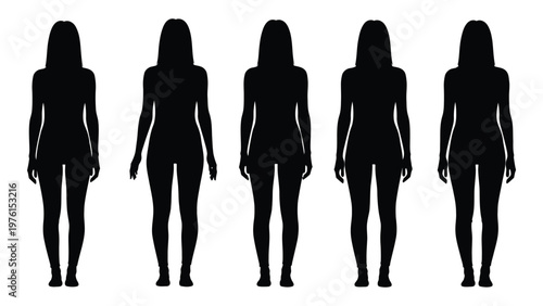 Five female silhouettes showcasing varying body shapes and sizes in a row