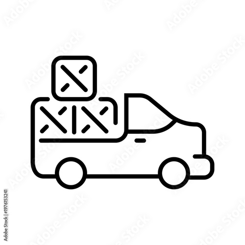 Pickup truck icon. Industry and agricultural vehicle line symbol. Black and white.