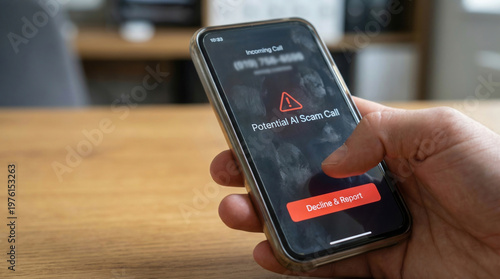 Potential AI scam call warning alert on smartphone screen with hand holding device showing cybersecurity threat message