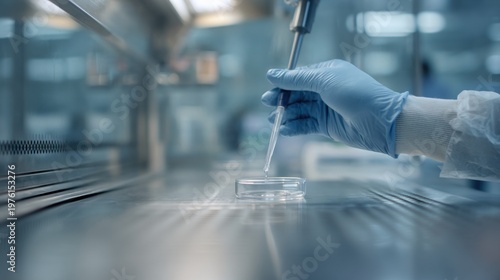 Focused medium shot of a scientist pipetting inside a level 3 biosafety hood emphasizing glove use and sterile technique with an outoffocus cabinet background.