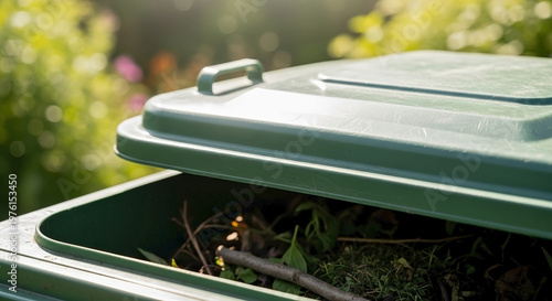 Green waste bin with lid open, showing organic material inside, filled with garden trimmings and foliage, promoting sustainable living and responsible disposal.
