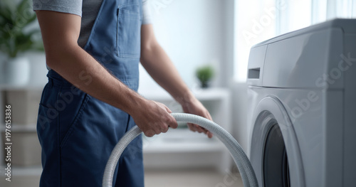 Technician repairing washing machine hose