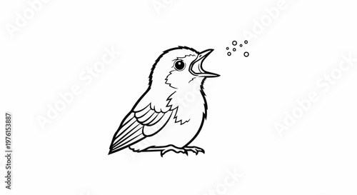 A black and white drawing of a small bird with its beak open singing