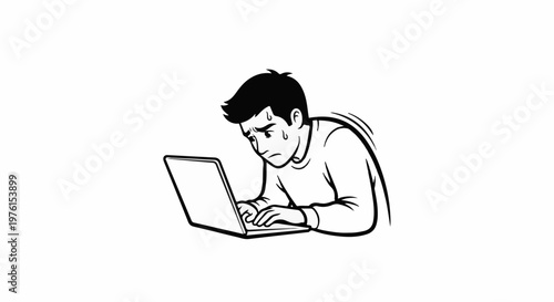 A stressed person works intensely on a laptop, sweating profusely