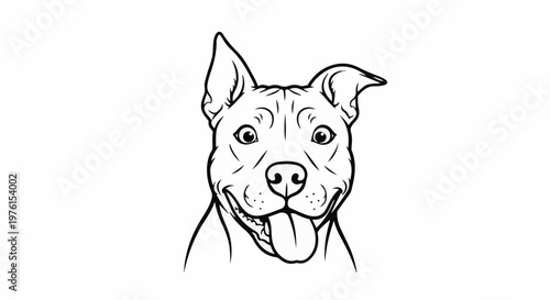 A black and white line drawing of a dog's happy face with its tongue out