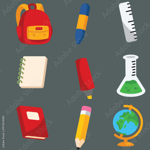 A collection of educational and school supplies icons, including a backpack, ruler, notebook, marker, flask, book, pencil, and globe, symbolizing learning and academic activities