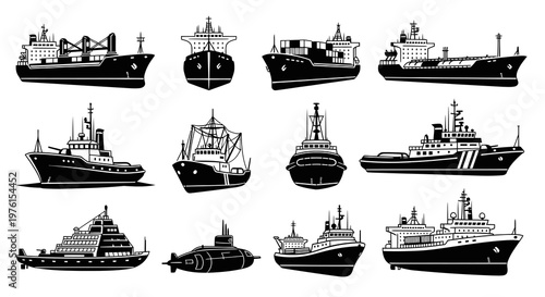 Modern Industrial Cargo Ships and Maritime Vessel Vector Set