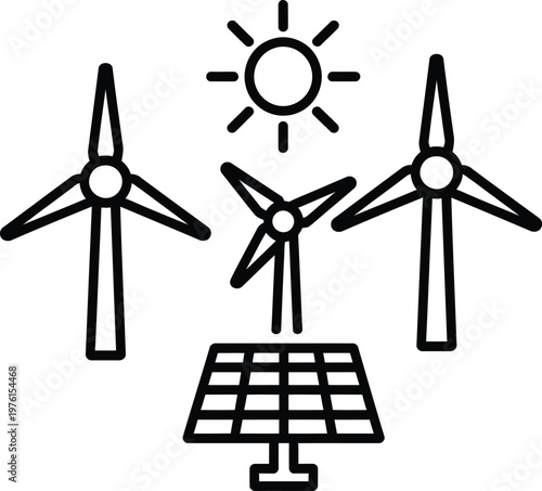 Renewable energy sources including wind turbines and solar panel under the sun