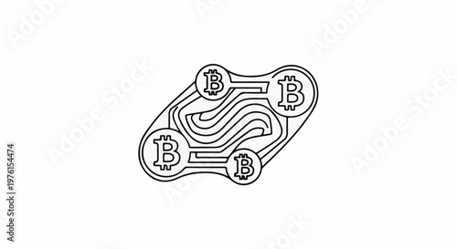 Abstract graphic design with four interconnected Bitcoin symbols and swirling lines