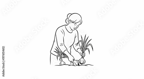 Woman planting bulbs in a garden with soil and greenery