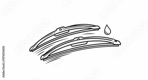 Two black and white windshield wipers with a water drop above