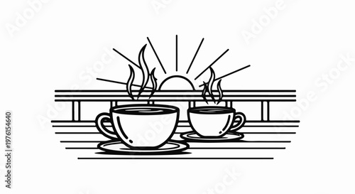 Two steaming cups of coffee sit on saucers, bathed in the glow of a rising sun