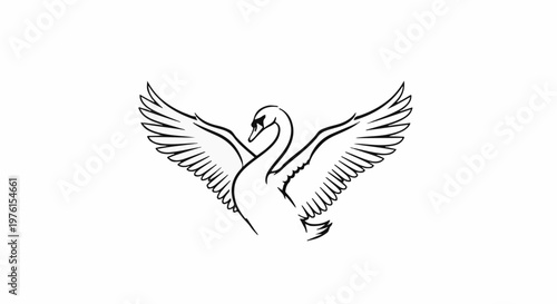 A black and white outline drawing of a swan with its wings spread wide