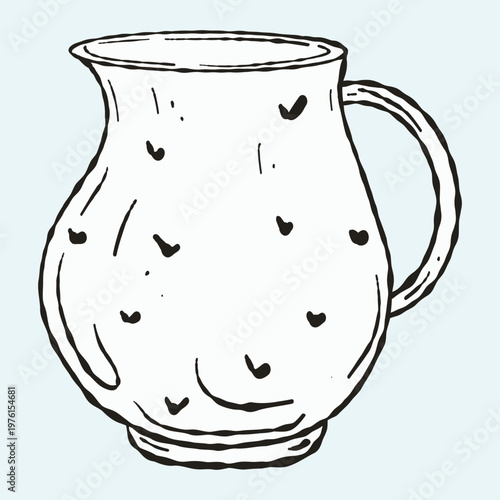 Hand Drawn Creamer with Hearts. Artisan Milk Pitcher Illustration for Vintage Tea and Coffee Branding