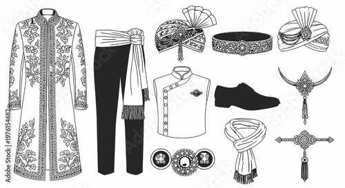 Traditional Indian Groom Wedding Outfit and Accessories Vector