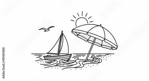 A sailboat glides on wavy water under a sunny sky, near a beach umbrella