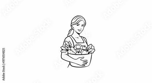 A smiling woman in an apron holds a basket overflowing with fresh produce