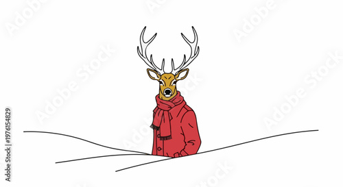 A stylized deer wearing a red coat and scarf stands against a white background