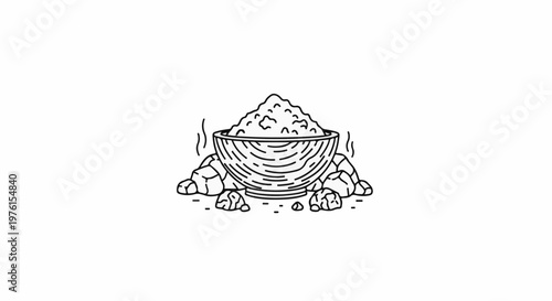 A stylized depiction of a bowl overflowing with granular material, supported by rough stones