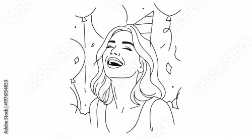 A woman in a party hat laughs joyfully amidst balloons and confetti