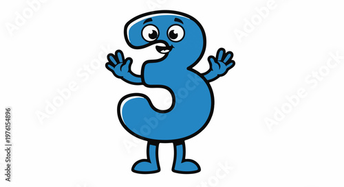 Cheerful blue cartoon number 3 with eyes, mouth, arms, and legs
