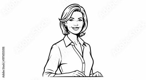 Line drawing of a smiling woman with short hair, wearing a collared shirt